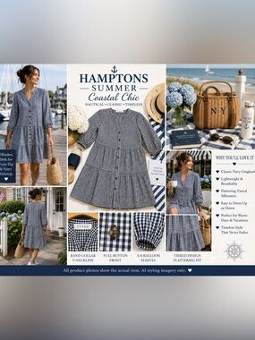 CCTOO Navy Gingham Tiered Midi Dress L Hamptons Coastal Grandma Nautical EUC